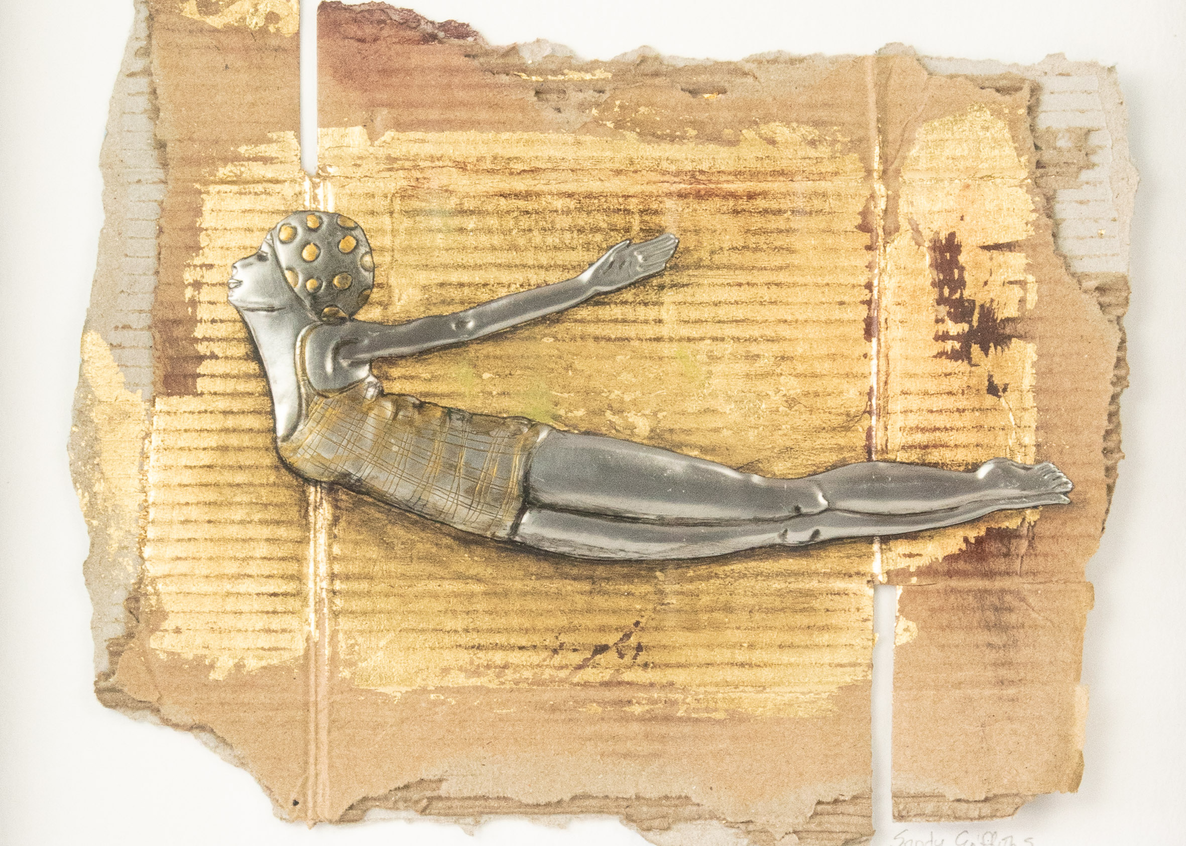 Golden swimmer is a framed Embossed Pewter Multi-media artwork that is 280 x 220mm by Pewter artist Sandy Griffiths.