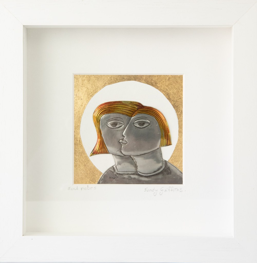 Soul Mates. Embossed Pewter with gold leaf 220x220mm by Sandy Griffiths.