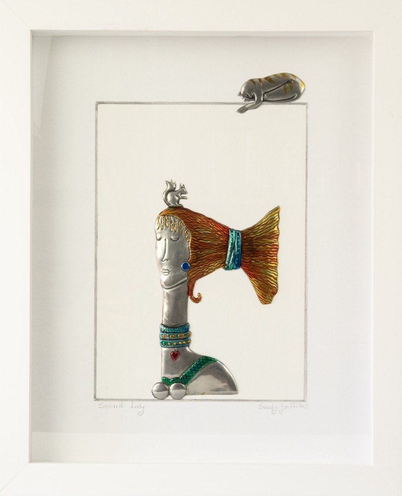 Squirrel Lady. Embossed pewter 330 x 270mm by Sandy Griffiths.