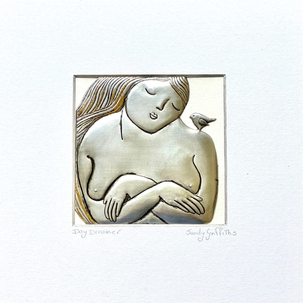 Day Dreamer. Embossed pewter 90 x 90mm framed art work by Sandy Griffiths.