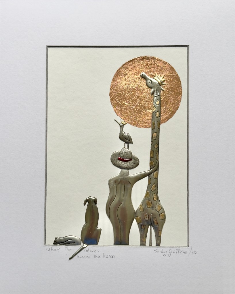 Where the Kalahari kisses the Karoo. Framed pewter art showing a woman with her animals, including a dog, cat, bird and giraffe.